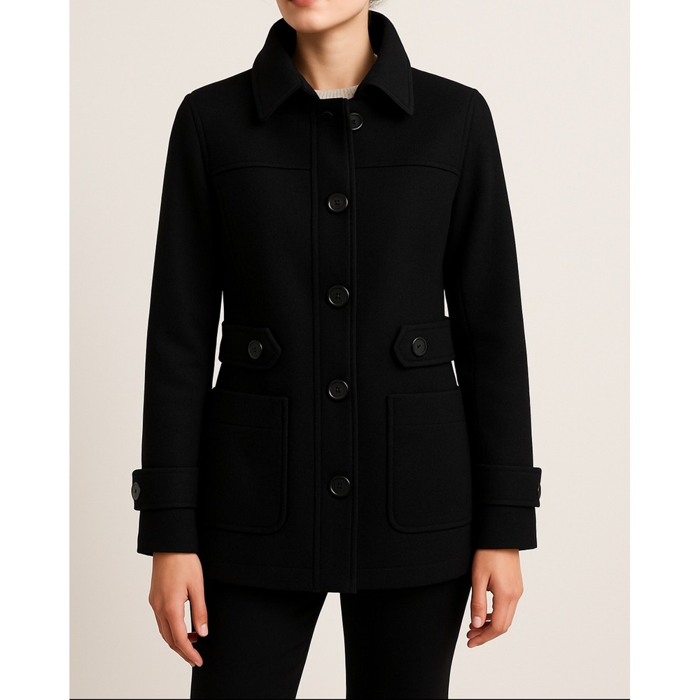 Minimalist Black Wool Blend Coat Size S Button Front Stand Collar Winter Jacket - Picture 1 of 16
